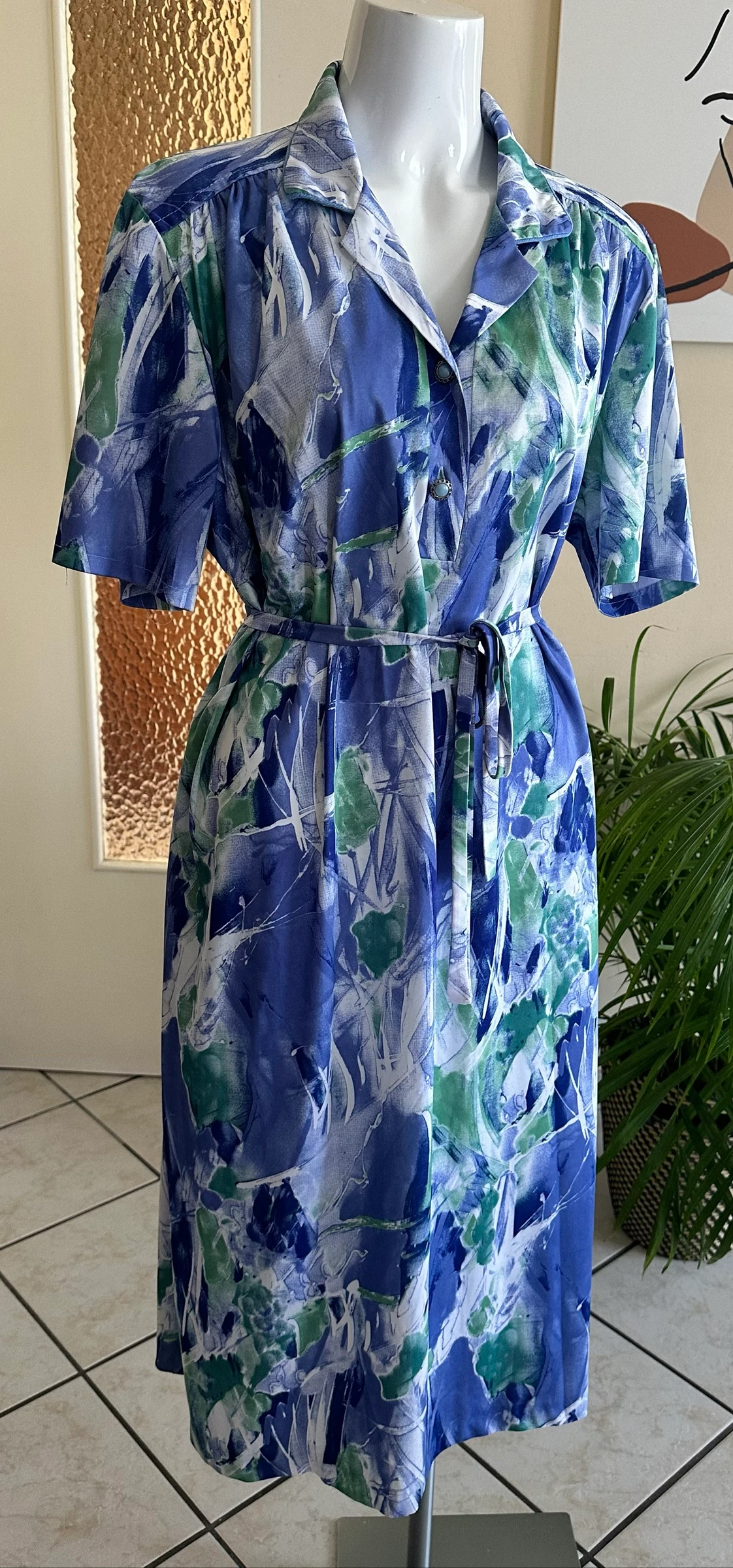 Vestido vintage con cinturón a juego talla 48/50 – Estado impecable – Azul y verde – photo 4